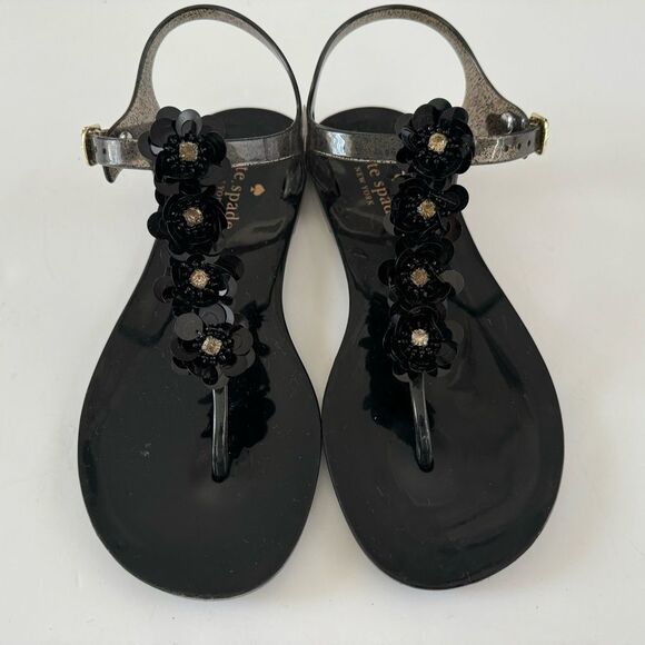 Kate Spade Farrah Black Glitter Jelly Sandals Rhinestones Floral Sz 6 Rubber - Picture 5 of 15